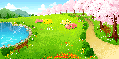 Paesaggio animato sentiero con alberi in fiore