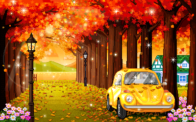 viale d'autunno con auto gialla