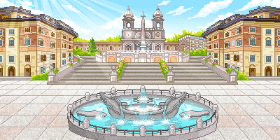 Paesaggio animato fontana e gradinata